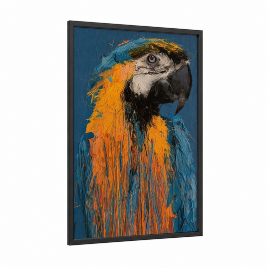 Tropical Macaw Portrait framed art print — black wood frame — blue and gold and orange palette