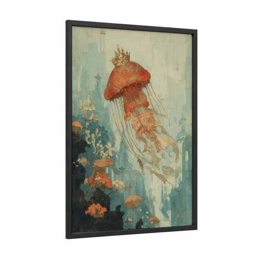 Crowned Jellyfish framed art print — black wood frame — sage green palette