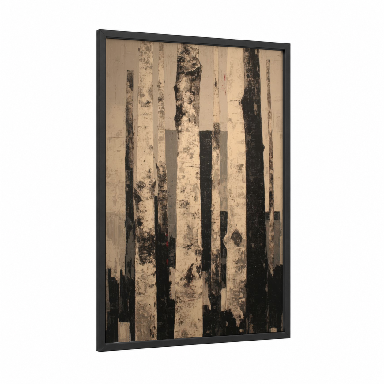 Birch Forest Abstract framed birch tree print — black wood frame — black and white and cream palette