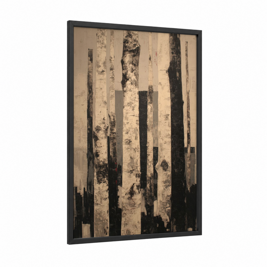 Birch Forest Abstract framed birch tree print — black wood frame — black and white and cream palette