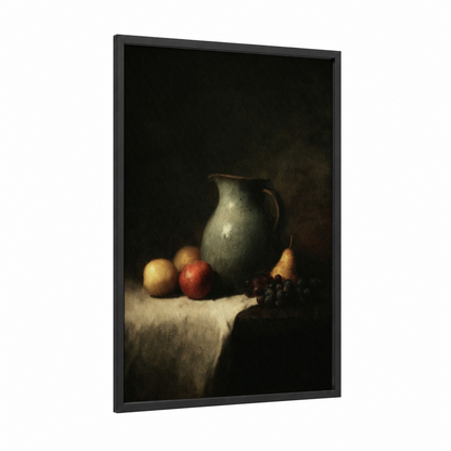 Classical Still Life framed pottery print — black wood frame — cream and espresso palette