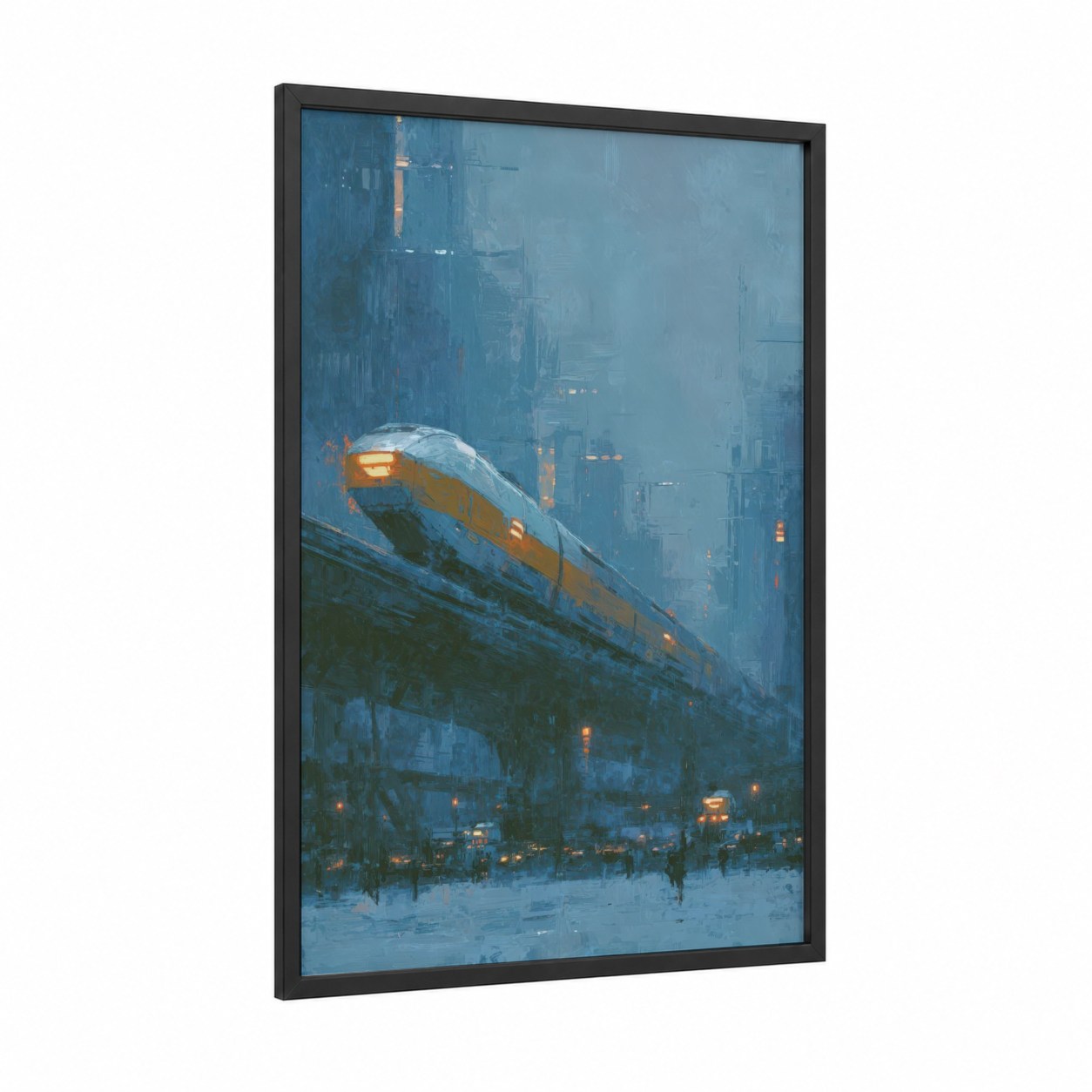 Futuristic City Train framed art print — black wood frame — blue and gold palette
