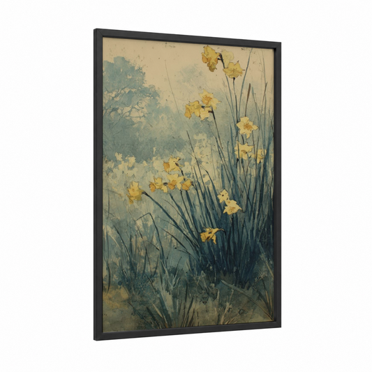 Golden Daffodils framed art print — black wood frame — blue and gold and gray and yellow palette