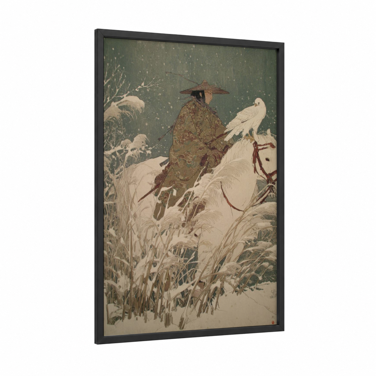 Snowy Falconer Elf framed art print — black wood frame — sage green and cream palette