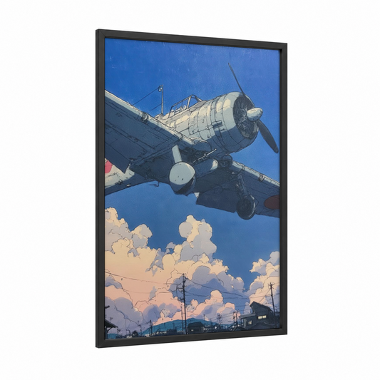 Sky Blue Vintage framed vintage airplane print — black wood frame — blue and cream palette