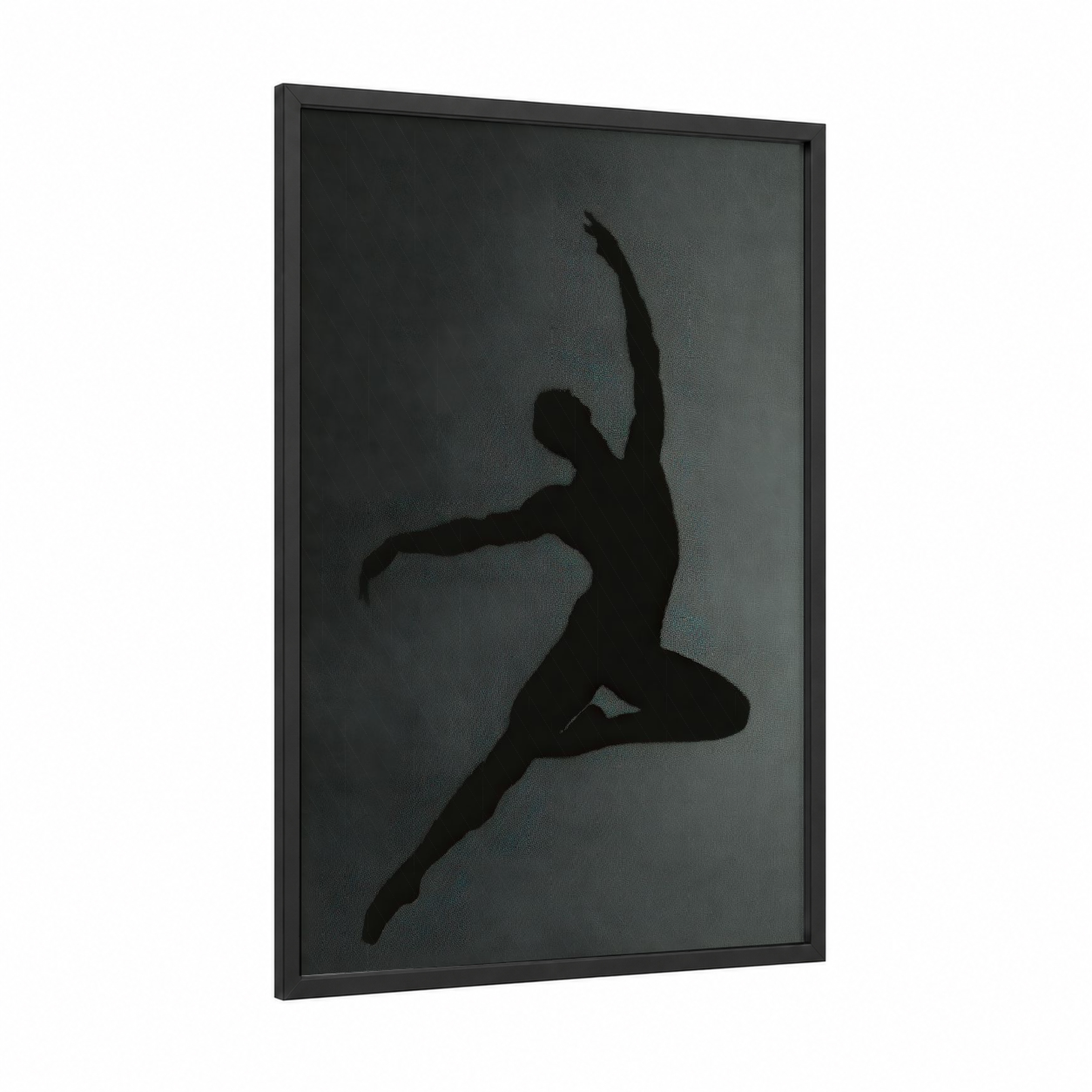 Aerial Leap framed modern dance print — black wood frame — black and gray palette