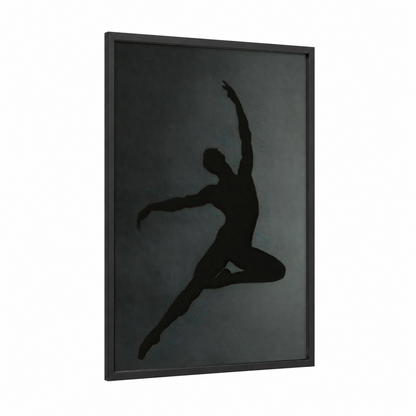 Aerial Leap framed modern dance print — black wood frame — black and gray palette