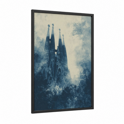Sagrada Familia Rising framed art print — black wood frame — blue and white and dove gray palette