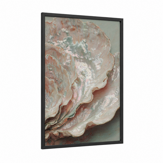 Pearlescent Oyster framed art print — black wood frame — cream and sage green palette