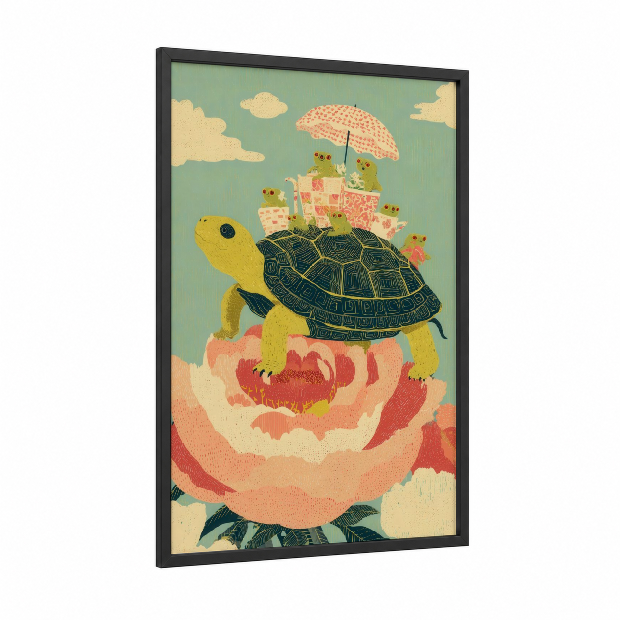 Whimsical Turtle Home framed art print — black wood frame — sage green and salmon pink palette