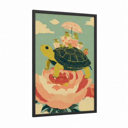 Whimsical Turtle Home framed art print — black wood frame — sage green and salmon pink palette