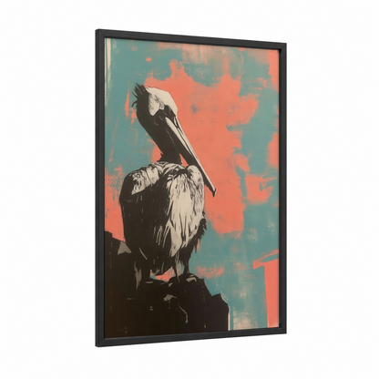 Coral Pelican framed art print — black wood frame — teal and salmon pink palette