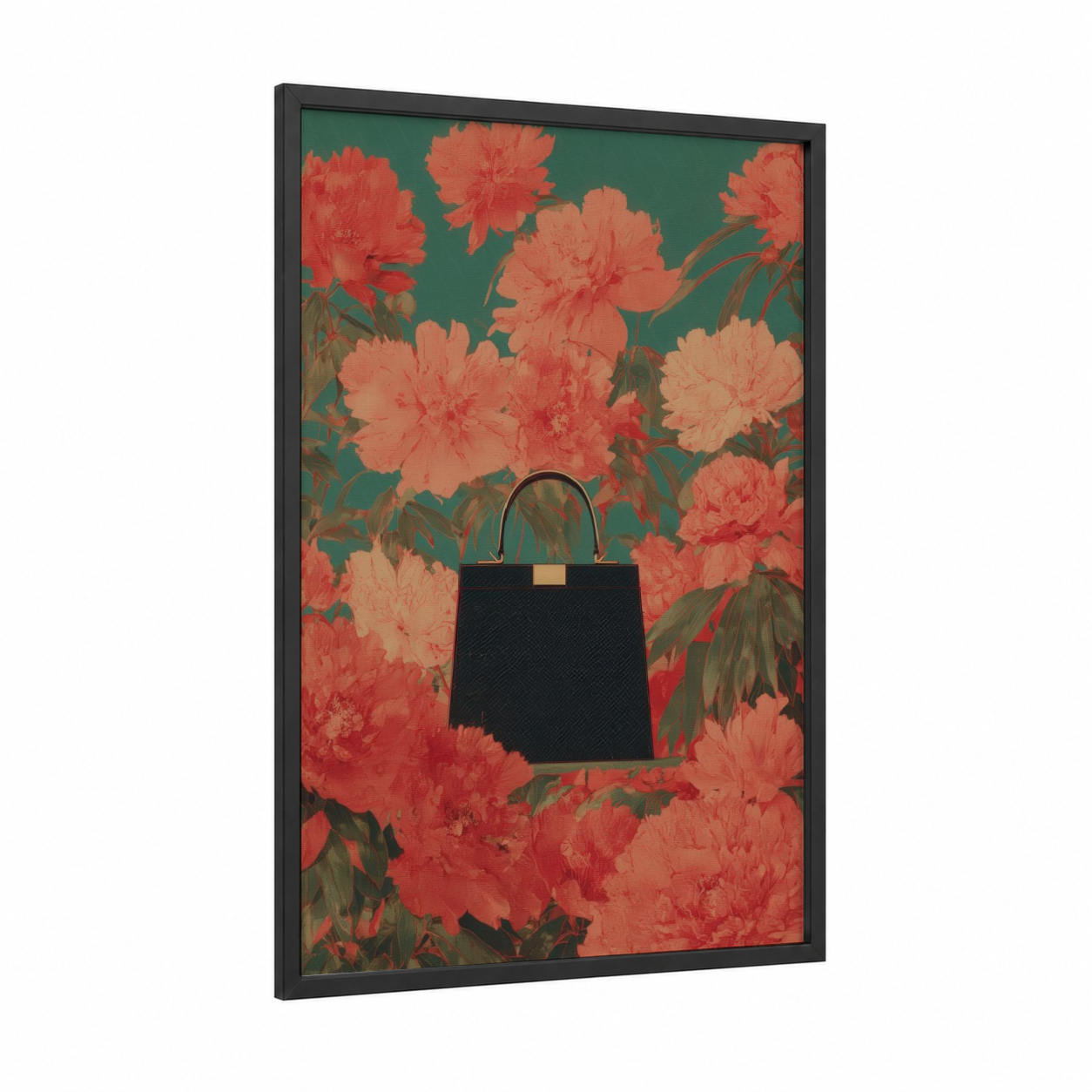 Luxury Floral Handbag framed fashion illustration print — black wood frame — salmon pink and teal palette