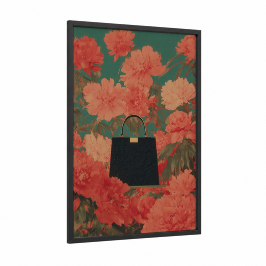 Luxury Floral Handbag framed fashion illustration print — black wood frame — salmon pink and teal palette