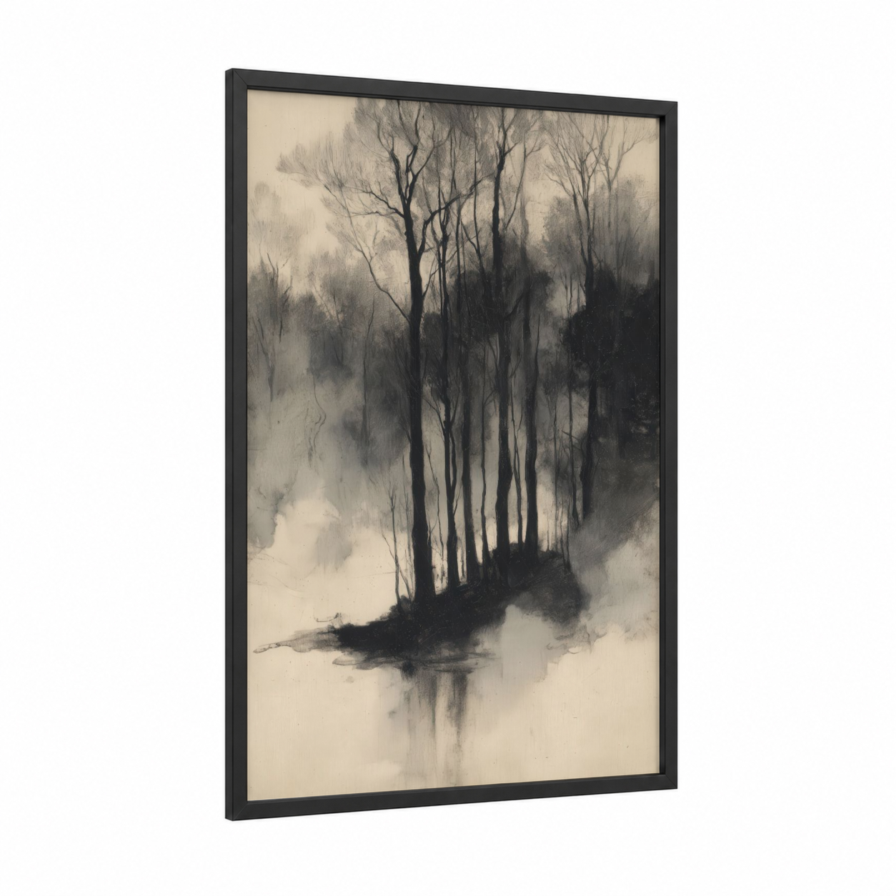 Misty Forest Reflection framed forest trees print — black wood frame — black and white and gray palette