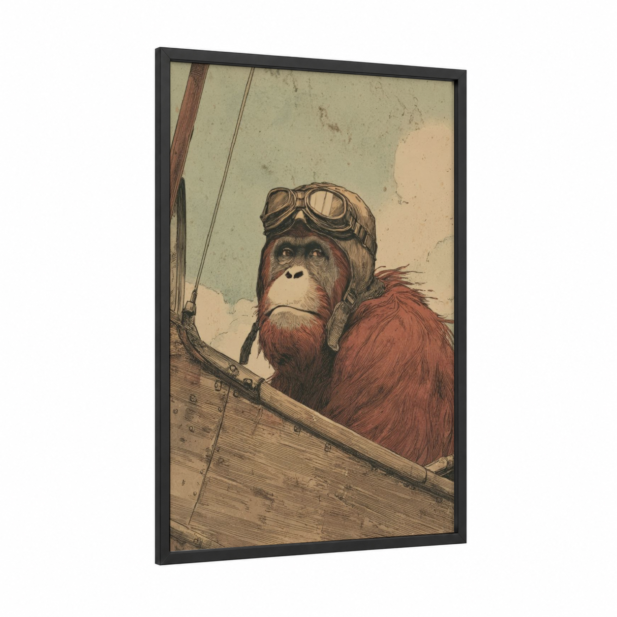 Aviator Orangutan framed art print — black wood frame — russet and beige palette
