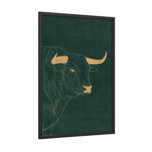 Golden Taurus framed art print — black wood frame — dark green and gold palette