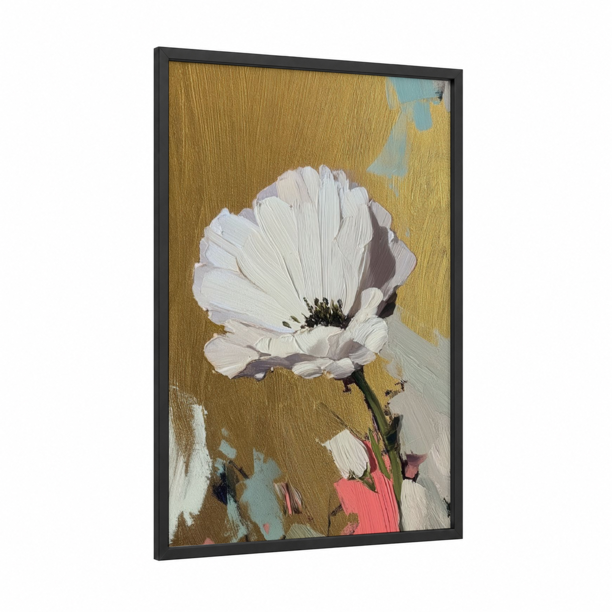 Golden Anemone framed abstract flower print — black wood frame — yellow gold and white palette