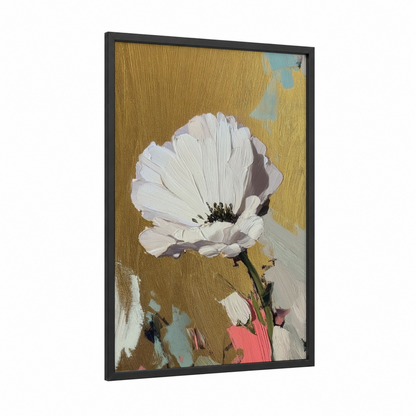 Golden Anemone framed abstract flower print — black wood frame — yellow gold and white palette
