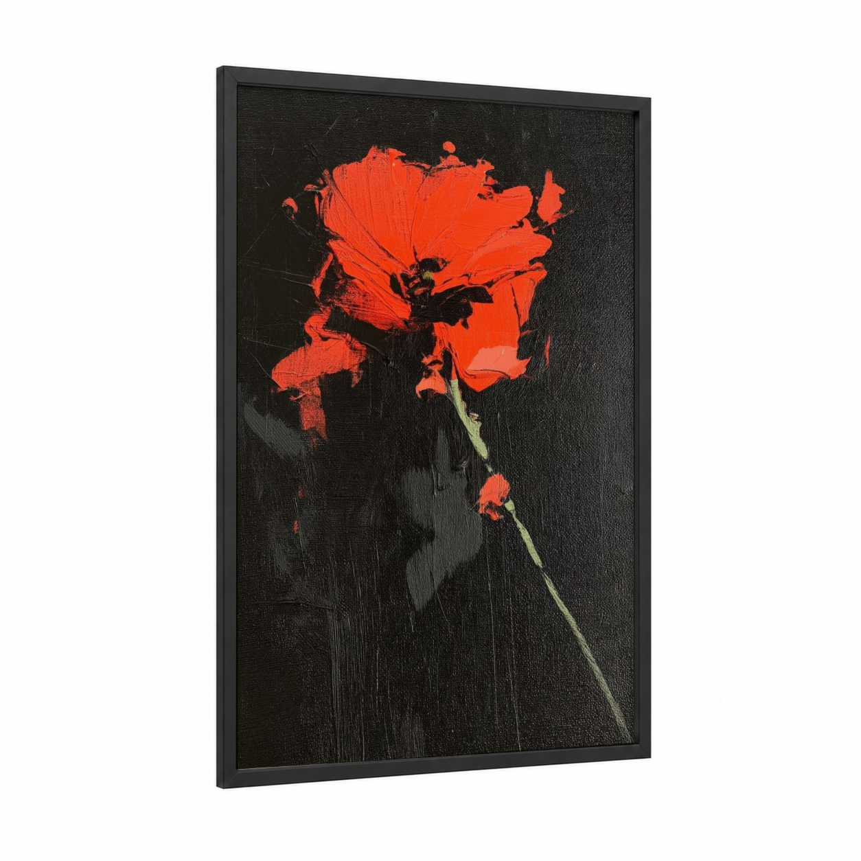 Crimson Poppy Bloom framed abstract flower print — black wood frame — red and black palette