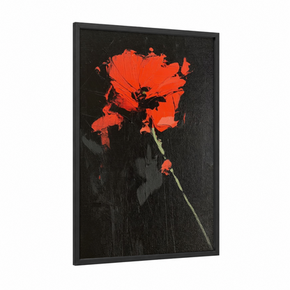 Crimson Poppy Bloom framed abstract flower print — black wood frame — red and black palette