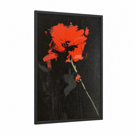 Crimson Poppy Bloom framed abstract flower print — black wood frame — red and black palette