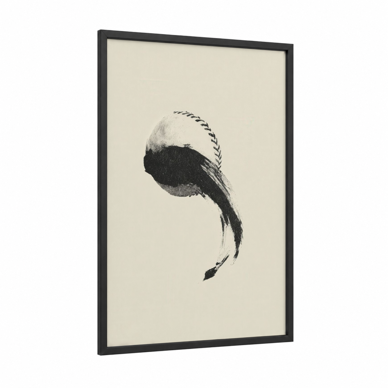 Minimal Baseball framed art print — black wood frame — black and white and cream palette