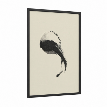 Minimal Baseball framed art print — black wood frame — black and white and cream palette