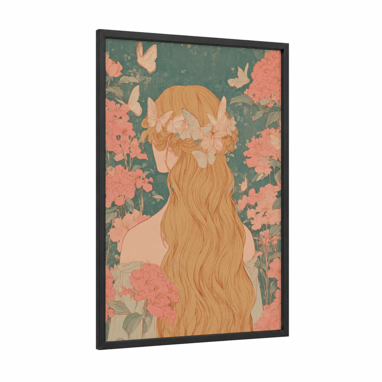 Hair with Floral Crown framed art print — black wood frame — sage green and peach palette