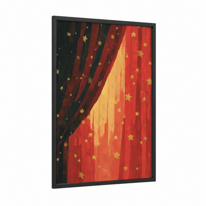 Golden Star Curtain framed art print — black wood frame — red and gold palette