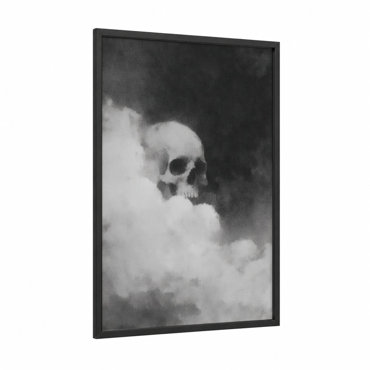Cloudy Skull framed art print — black wood frame — black and white and gray palette