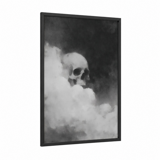 Cloudy Skull framed art print — black wood frame — black and white and gray palette