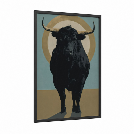 Sacred Angus framed angus cow print — black wood frame — gold and black palette