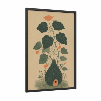 Gourd House Garden framed fruit print — black wood frame — beige and sage green palette