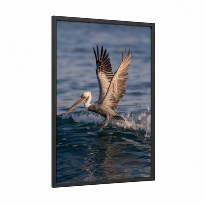 Coastal Pelican framed art print — black wood frame — blue and gold and blue and white palette