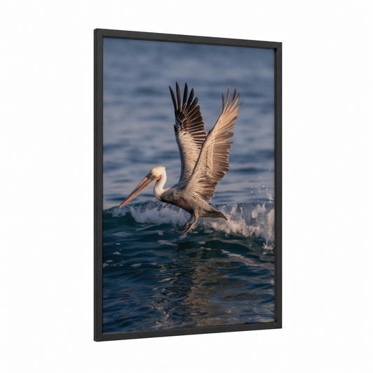 Coastal Pelican framed art print — black wood frame — blue and gold and blue and white palette