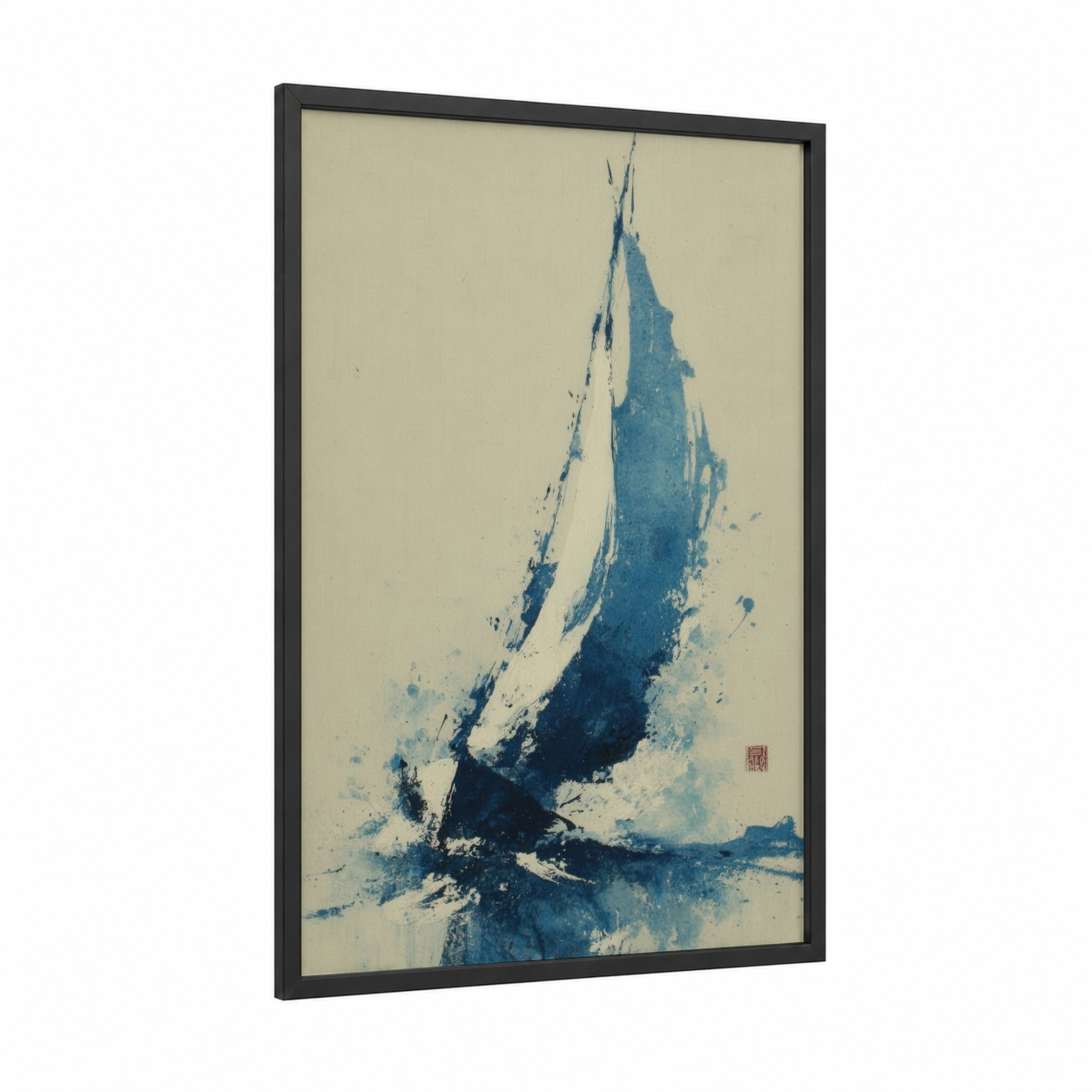 Misty Sailing Vessel framed sailing ship print — black wood frame — blue and cream palette