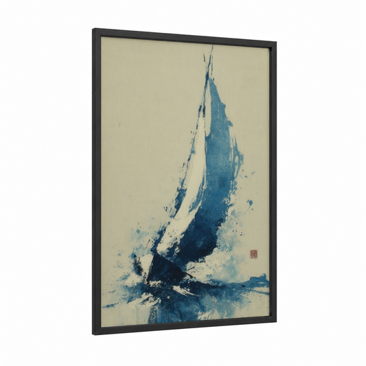Misty Sailing Vessel framed sailing ship print — black wood frame — blue and cream palette