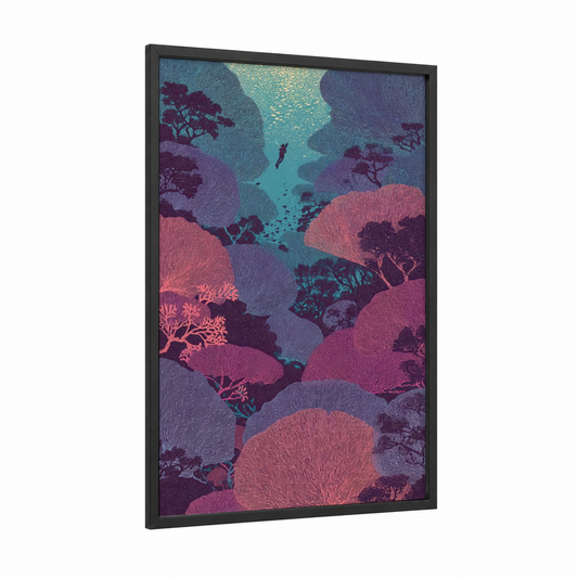 Tropical Snorkeling framed art print — black wood frame — turquoise and salmon pink palette