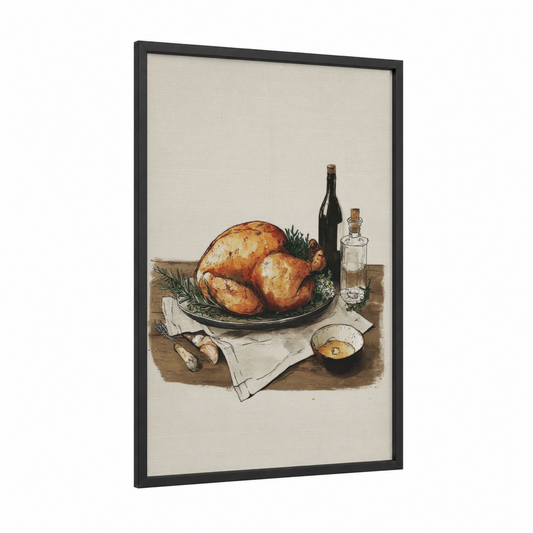 Roasted Poultry framed art print — black wood frame — brown and cream palette
