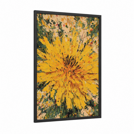 Golden Dandelion Burst framed art print — black wood frame — gold and dark green palette