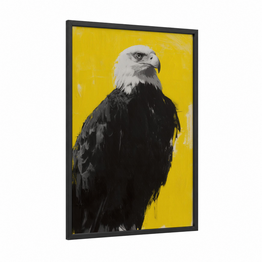 Golden Eagle Portrait framed art print — black wood frame — yellow gold and black and white palette