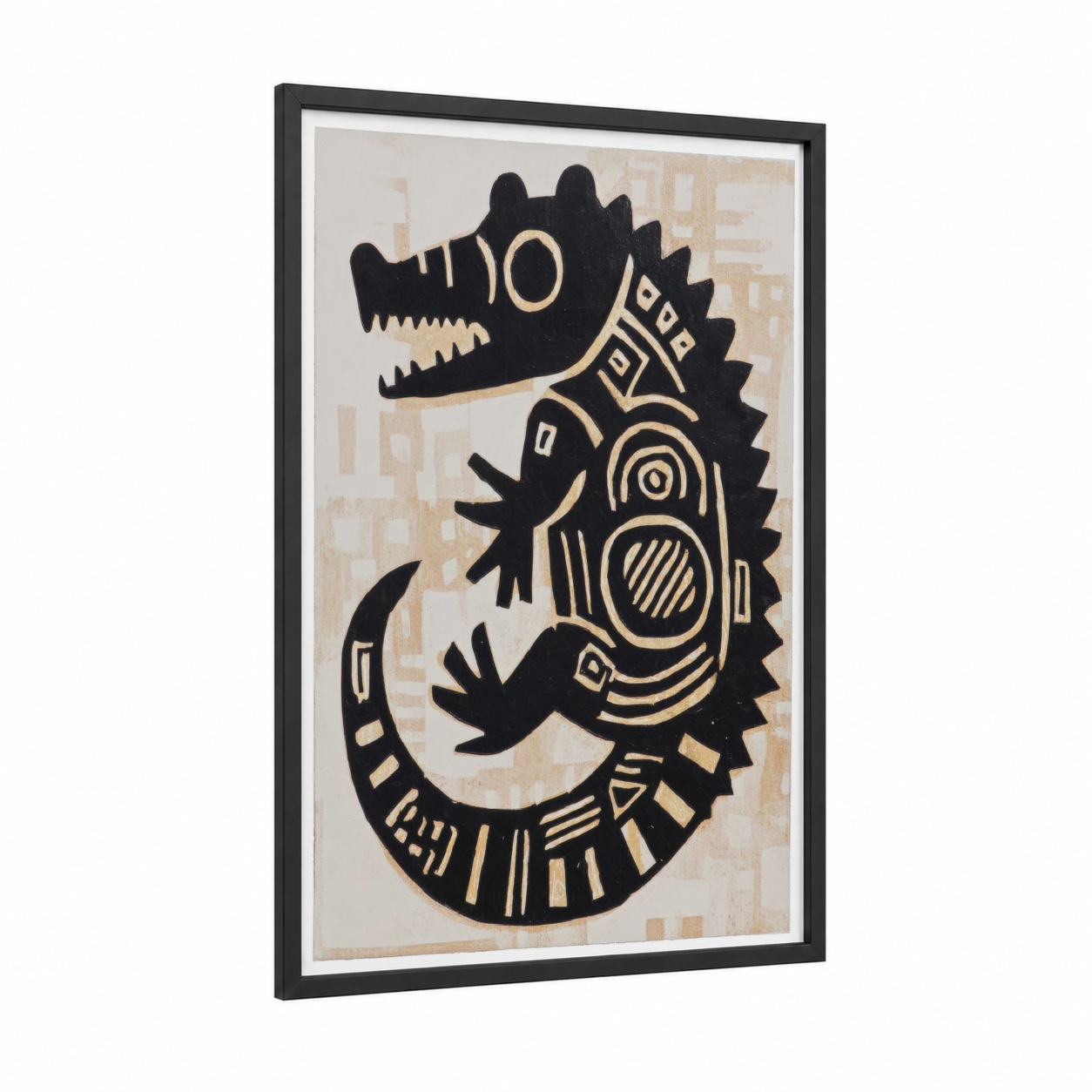 Serpent Guardian framed abstract traditional print — black wood frame — black and cream palette
