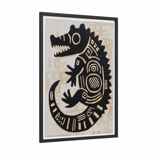 Serpent Guardian framed abstract traditional print — black wood frame — black and cream palette