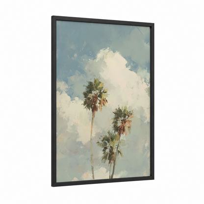 Tropical Palm Trees framed palm forest print — black wood frame — blue and white and cream palette