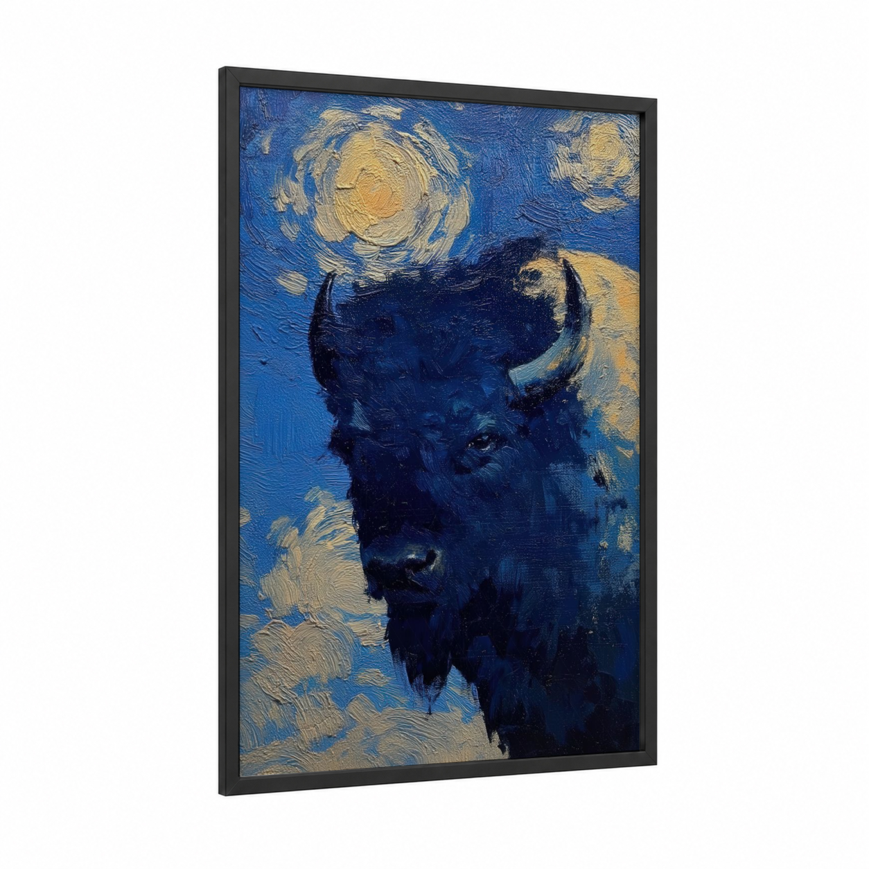Starry Bison framed art print — black wood frame — blue and gold palette