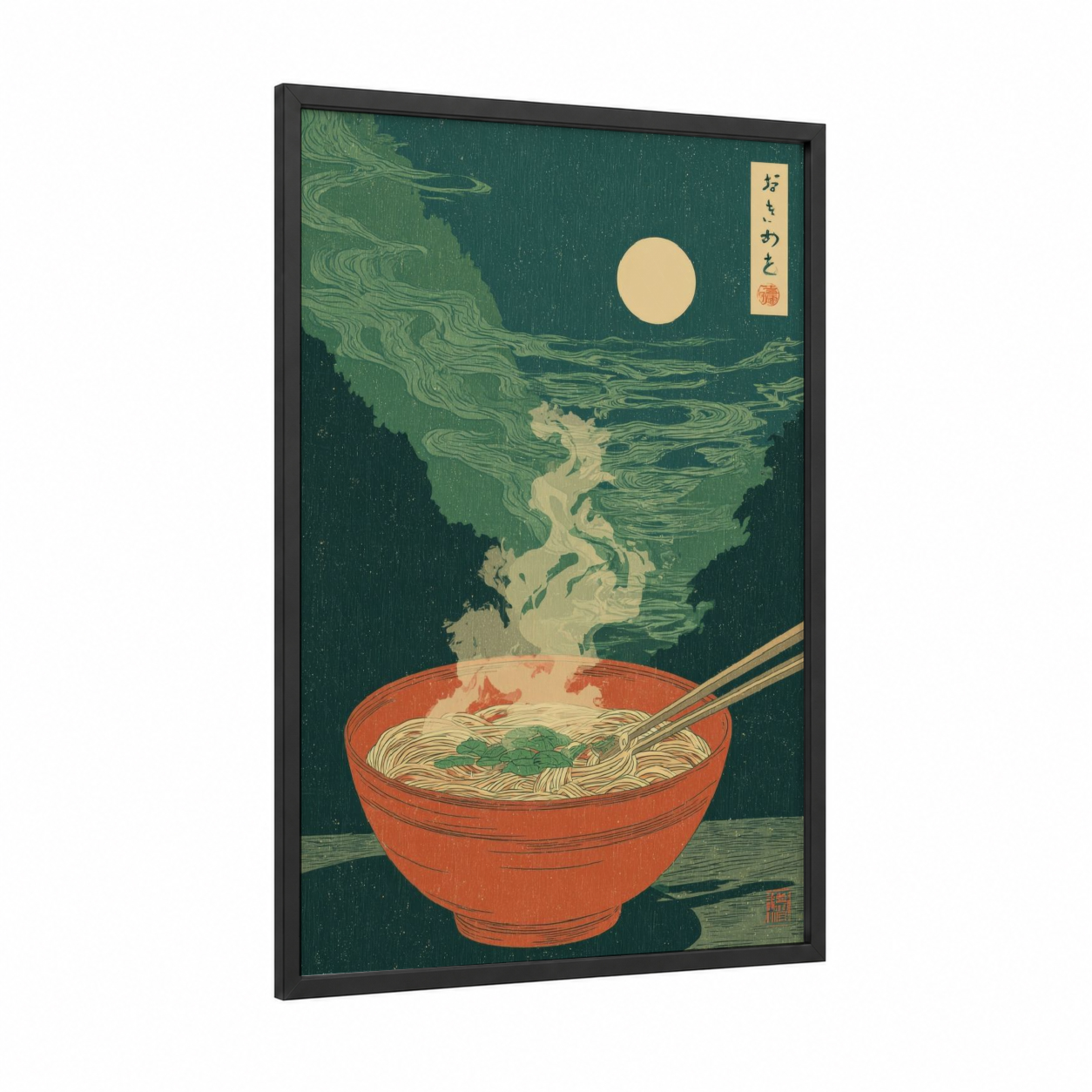 Moonlit Noodles framed pasta print — black wood frame — dark green and cream palette