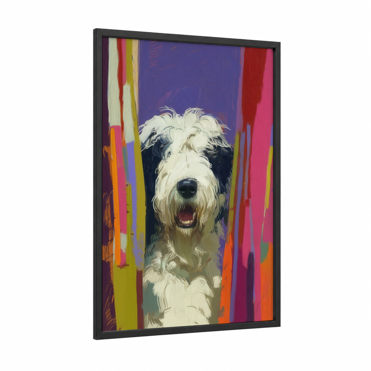 Colorful Shepherd framed shepherd dogs and collies print — black wood frame — magenta and purple palette