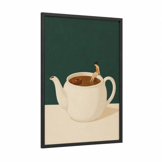 Surreal Teapot Bathing Scene Wall Art framed art print — black wood frame — dark green and beige palette