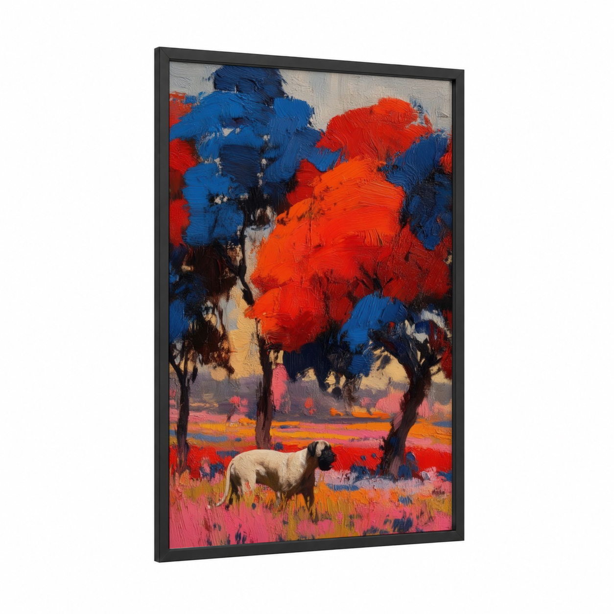 Sunset Mastiff framed art print — black wood frame — blue and orange palette
